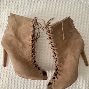 Vince Camuto Kelby Lace Up Open Toe High Heel Suede Booties.